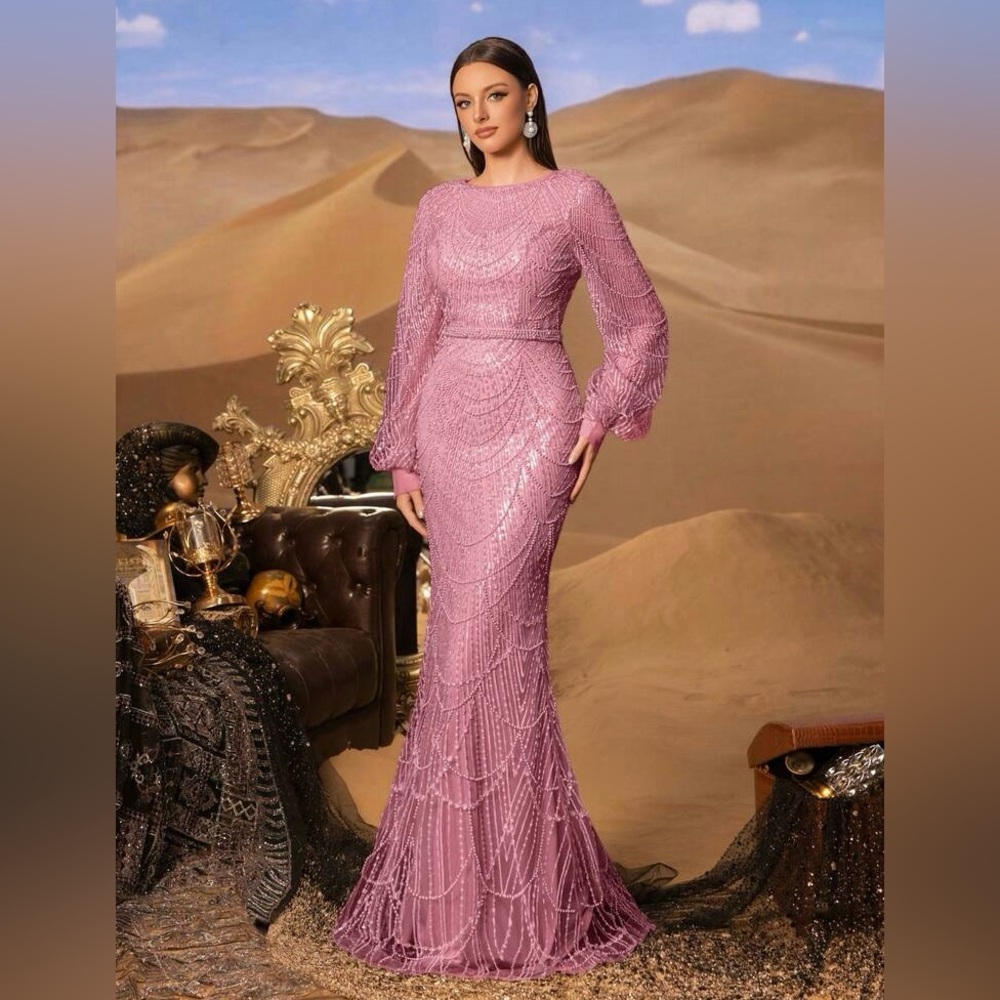 Haute Glamour Elegant Beaded Long Sleeve Gown